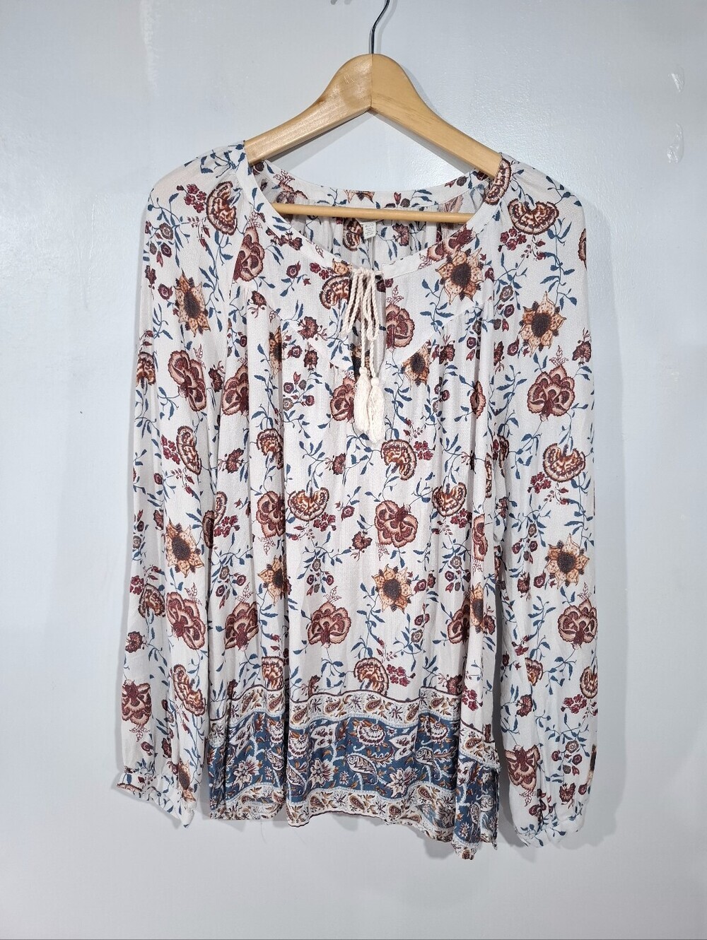 Lucky Brand Womens XL Cream Rust Peasant Boho Top Tassel Tie Paisley Floral